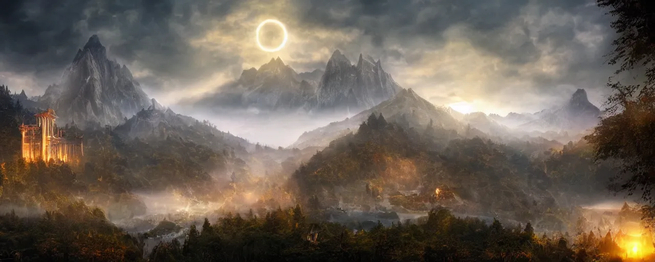 Image similar to epic photo of rivendell in the style of the tv series arcane, hyper detailed, moody, sunrise, cinematic lighting