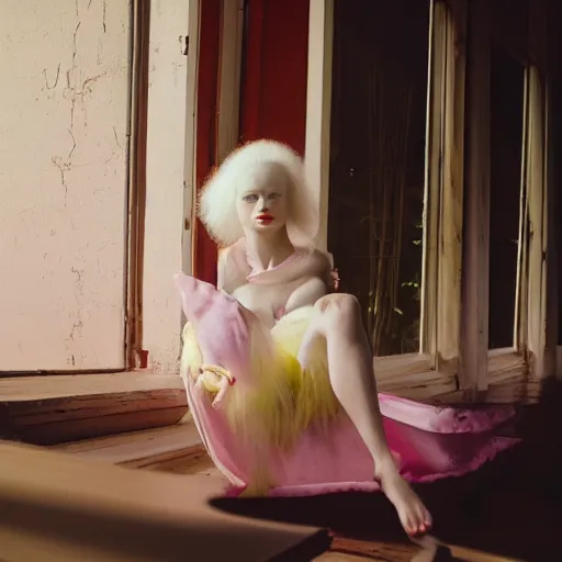 Image similar to cinematic photo of a beautiful albino axolotl woman lit with saturated split colour yellow and dusty pink lighting reading a roberto bolano novel on the deck