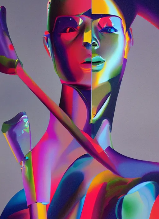 Image similar to futuristic lasers tracing, colorsmoke, fullbodysuit, pyramid hoodvisor, raindrops, wet, oiled, beautiful cyborg girl, by steven meisel, kaws, rolf armstrong, mondrian, kandinsky, perfect geometry abstract acrylic, octane hyperrealism photorealistic airbrush collage painting, monochrome, fluorescent colors, minimalist rule of thirds, eighties eros