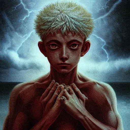 Prompt: killua zoldyck made by zdzisław beksinski, thunderstorm, 8 k, detailed, cinematic, rain, crying, white