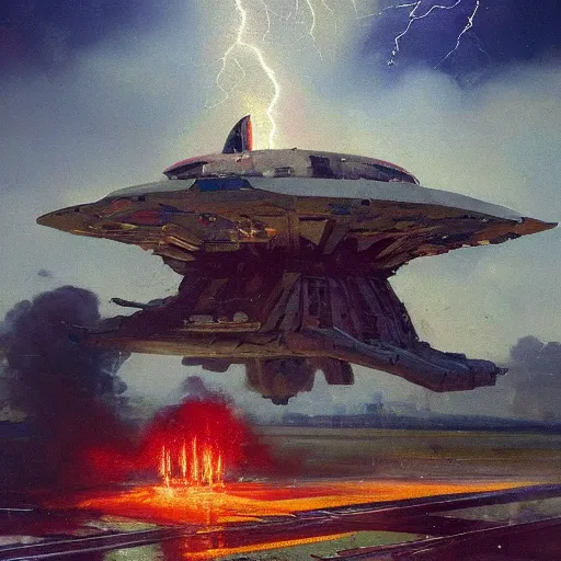 Prompt: a beautiful battle spaceship stuck in the ground, the spaceship is on fire, smoke, rainstorm, lightning, angry, kinetic, john sargent, adolphe bouguereaum, norman rockwell, peter deligdisch, jama jurabaev, sachin teng, sergey kolesov, ruan jia, trending on artstation, highly detailed oil painting,