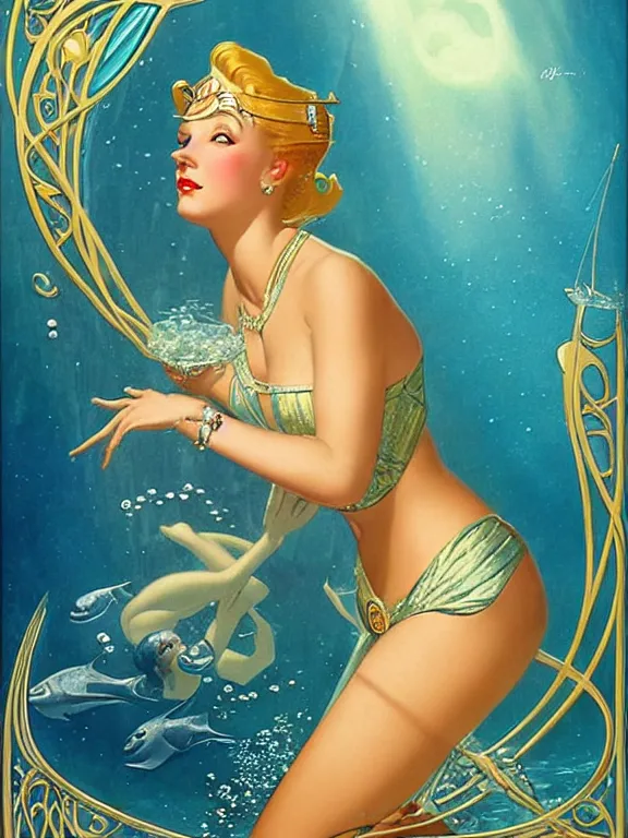 Image similar to princess kida the high queen of ancient atlantis, a beautiful art nouveau portrait by Gil elvgren, beautiful underwater city environment, centered composition, defined features, golden ratio, silver jewelry, stars in her gazing eyes