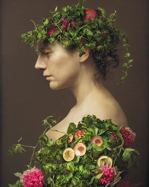 Prompt: a woman's face in profile, long hair made of flowers and vines and fruit, in the style of the Dutch masters and Gregory Crewdson, dark and moody