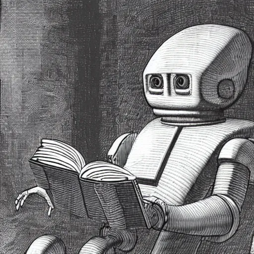 Image similar to a robot reading a book by leonardo da vinci