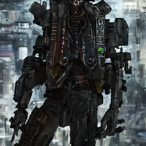 Image similar to a post-apocalyptic cyberpunk grimdark cyborg in the style of leonard boyarsky in the style of Yoji Shinkawa detailed realistic HD 8k High Resolution