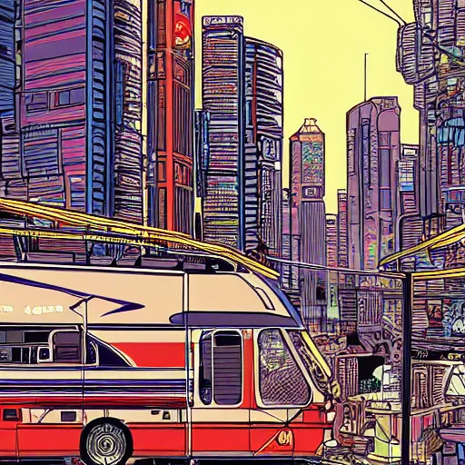 Prompt: painting of an RV in a cyberpunk city by Laurie Greasley, hyper detailed, vivid colors