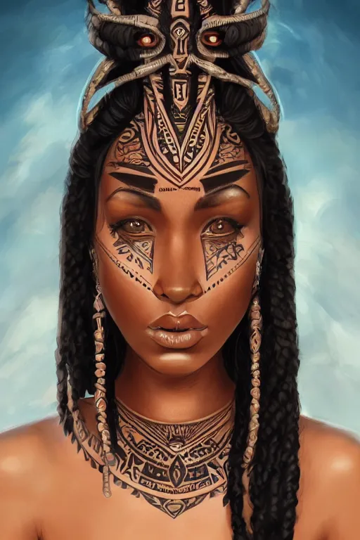 Image similar to A bust of a beautiful dark skinned Maori girl with tribal Maori tattoos and smooth eyebrows and straight hair, HD, illustration, epic, fantasy, intricate, elegant, amazing detail, digital painting, artstation, concept art, smooth, sharp focus, illustration, art by Turine Tran