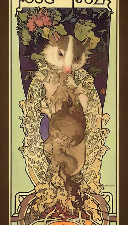 Image similar to poster of an opossum by Alphonse Mucha, Art Nouveau