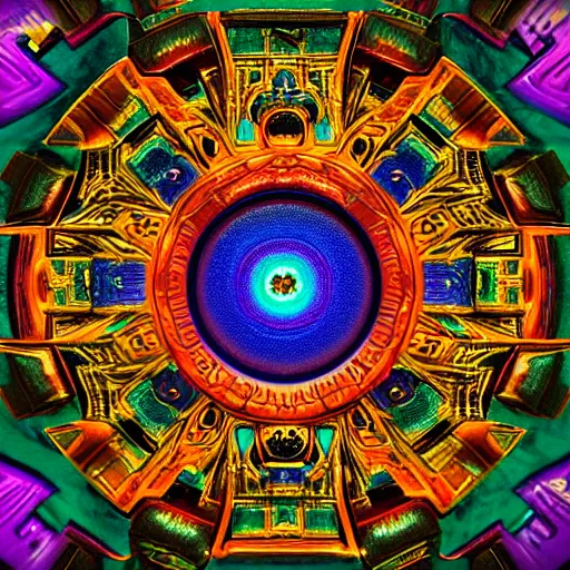 Image similar to dmt realm, a dmt object centered in the image, cover art, colors: blue, orange, violet, green, yellow, sharp focus, with intricate egiptian details all around , octane render, unreal engine, artstation