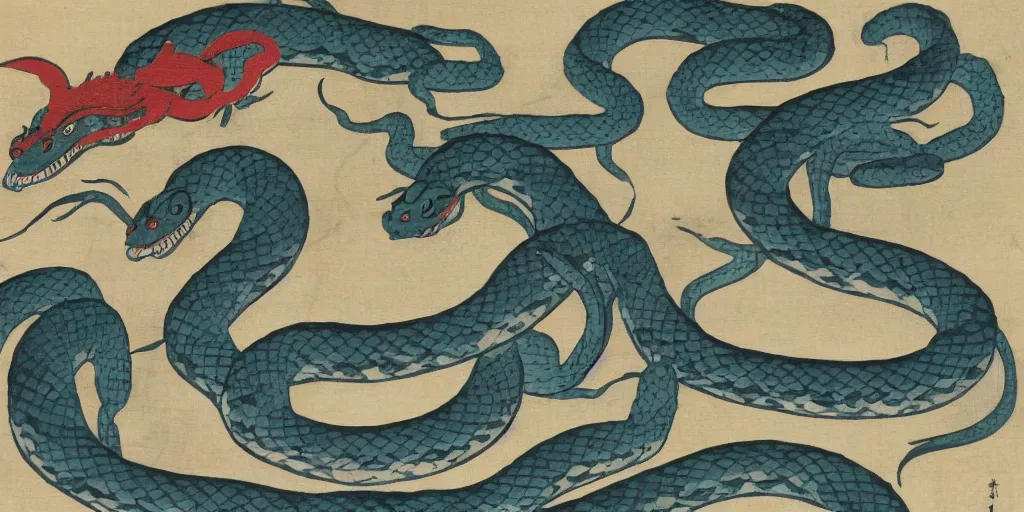 Image similar to japanese woodblock style painting of a snake dragon