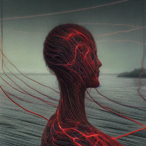 Image similar to liminal!!, portrait, shore of the lake, woman, wrapped around by glowing tubes and cables, short black curly hair, glowing red, by edgar maxence and ross tran, zdzisław beksinski, and michael whelan, distant, gustav dore, h. r. giger, 8 k, octane render