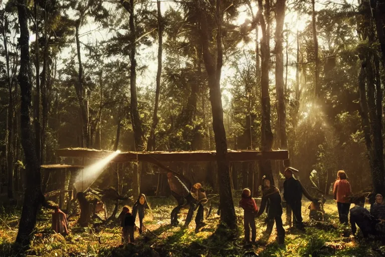 Prompt: movie scene portrait closeup, berry people building a strawberry house in the forest natural lighting by emmanuel lubezki