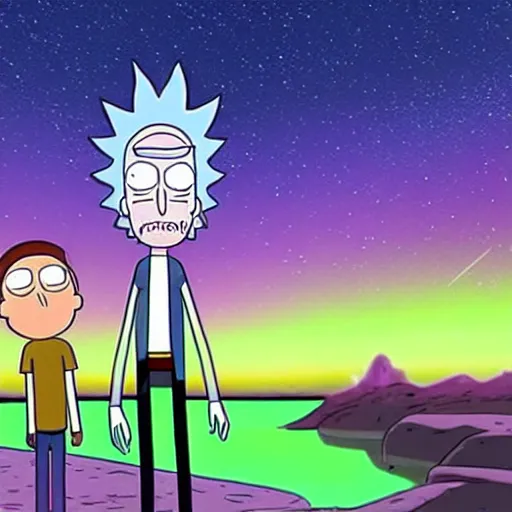 Prompt: rick and morty watching the aurora borealis