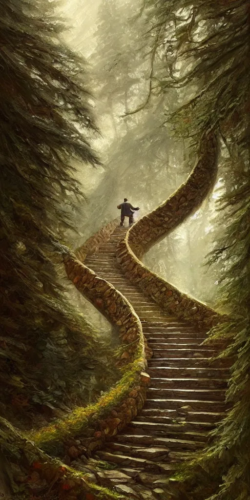 Image similar to a man walking up a steep and winding staircase, in beautiful woods, intricate, elegant, highly detailed, oil painting, artstation, concept art, sharp focus, beautiful illustration, society, by justin gerard and artgerm, 4 k