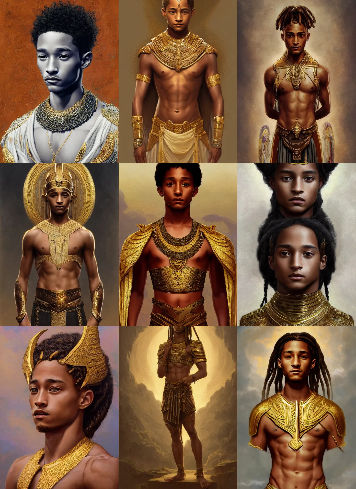 Prompt: portrait young jaden smith as ancient libu, cornrows, golden egyptian chestplate, intricate, elegant, highly detailed, digital painting, artstation, concept art, smooth, sharp focus, illustration, orientalism, bouguereau, rutkowski, mucha