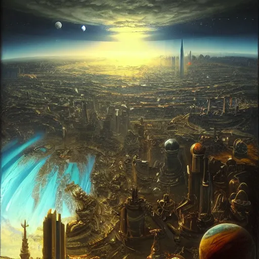 Image similar to A vast planetary sci fi city by Ansel Adams and Bernardo Bellotto, oil on canvas, artstation, dramatic scenery, masterpiece, aesthetic