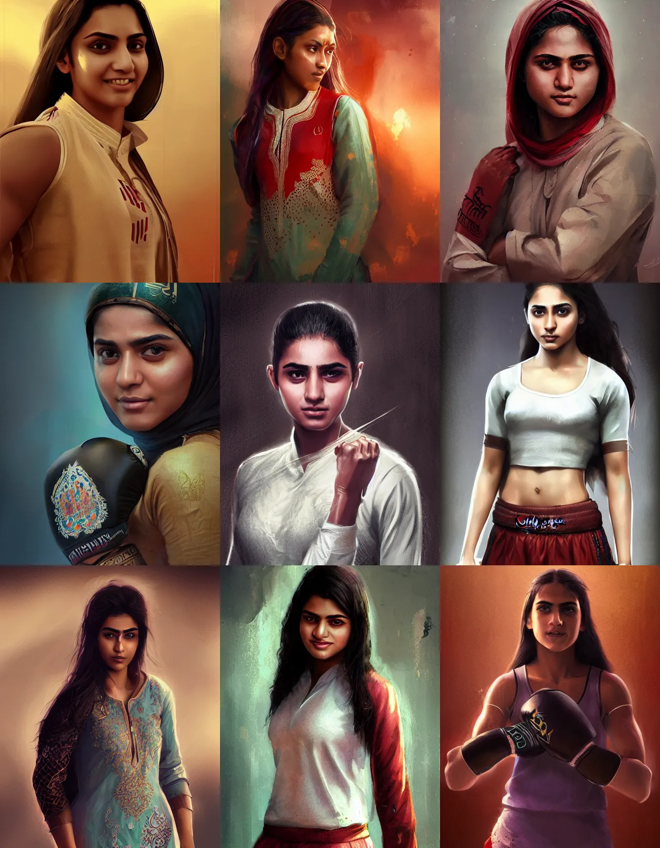 Prompt: young pakistani woman boxer, wearing a kurta, strong, muscular, smiling, digital portrait by greg rutkowski, intricate, soft focus, highly detailed, cinematic, epic, artstation