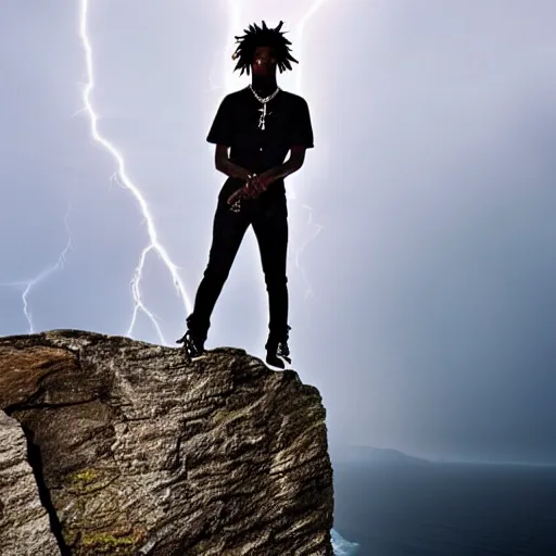 Prompt: an awe inspiring photo of Playboi Carti standing on top of a cliff while lightning strikes in a dark sky behind him