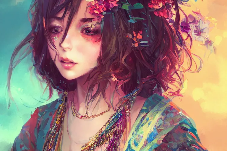 Image similar to a beautiful bohemian girl, intricate, highly detailed, digital painting, Pixiv, Artstation, official media, anime key visual, concept art, rich vivid colors, ambient lighting, sharp focus, illustration, art by WLOP