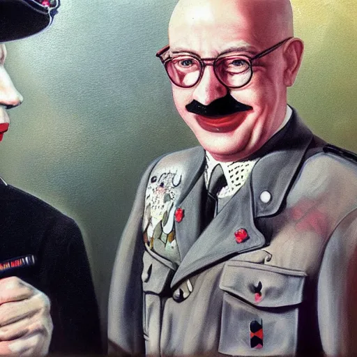 Image similar to UHD photorealistic detailed image of young Klaus Schwab and Hitler, both wearing extremely intricate clown makeup by Ayami Kojima, Amano, Karol Bak, tonalism