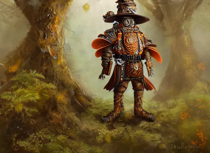 Image similar to ashigaru steampunk - inspired feathered mic, colorful plumage, lacquered armor, cute but determined, hard focus, art station, by jessica rossier and brian froud, cinematic fantasy painting, orange grey white, in a woodland glade