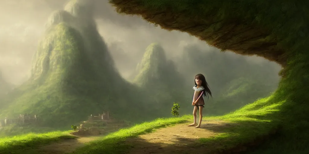 Image similar to long - haired loli stands in the middle of the road, there is a lost city on the cliff in the distance, the city is full of green plants,, 4 k resolution, ultra detailed, matte oil painting, mysterious, artstation, art by greg rutkowski