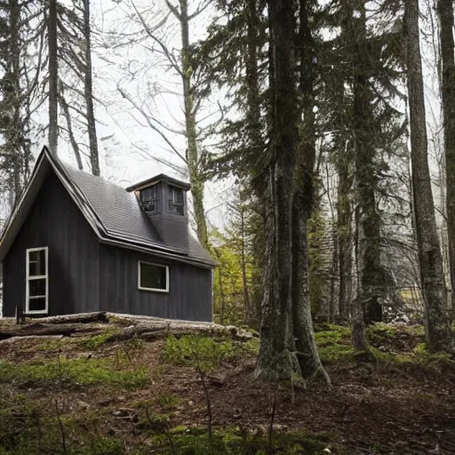 Image similar to an Eerie cabin in the middle of the woods in the style of 19th century Hudsons bay river school of art