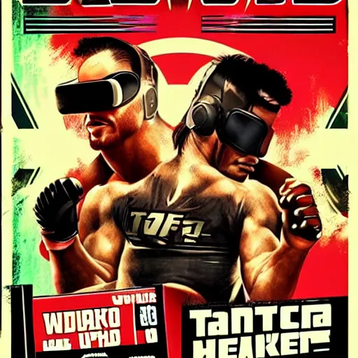 Image similar to cinematic poster art of wrestlers wearing vr headsets, gta cover style, tap out, wrestlemania poster, ufc, digital illustration by basil gogos