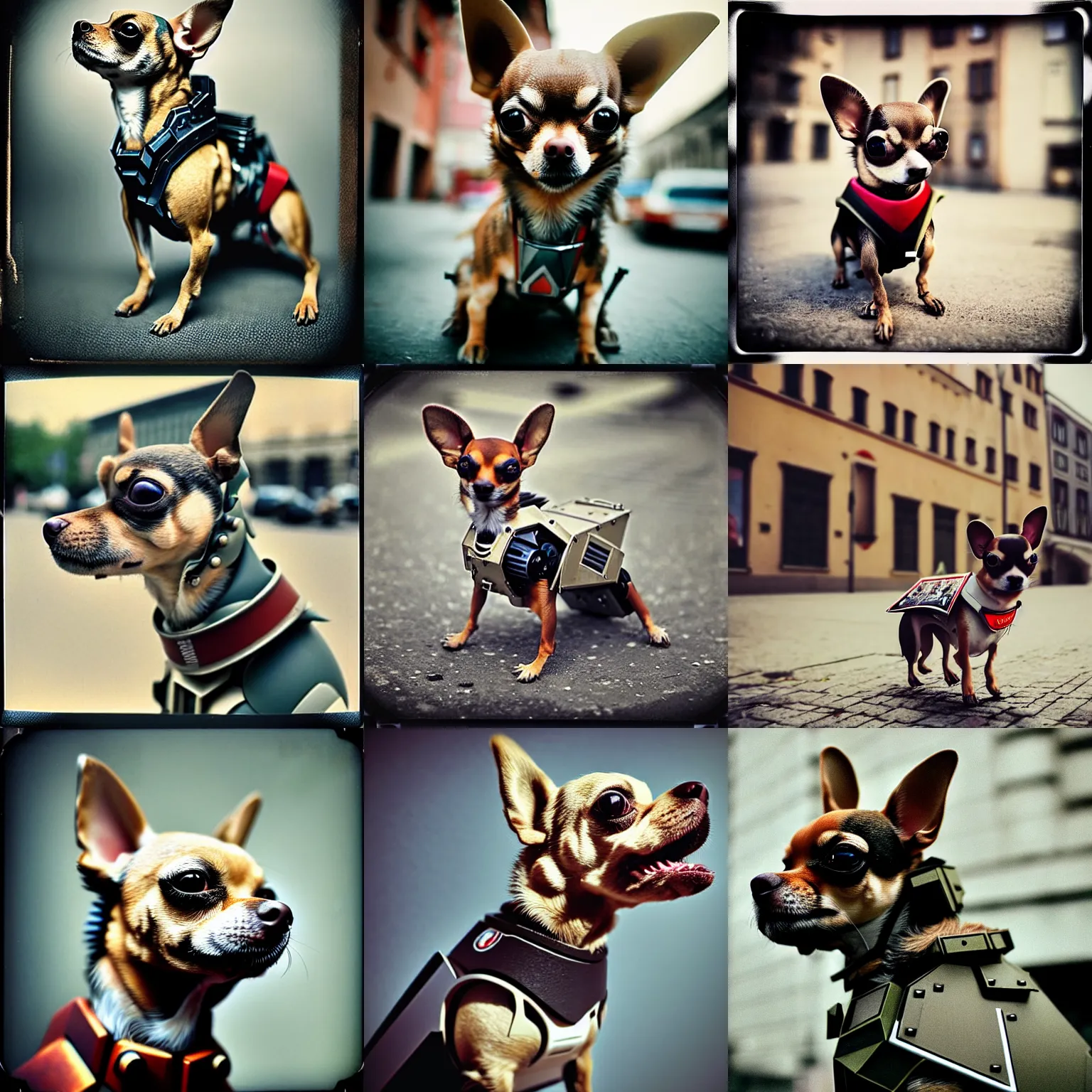 Prompt: legnica!!! medium shot close up!!! armored cyborg warmachine battle chihuahua superdog, in legnica!!!, full body, cinematic focus, polaroid photo, vintage, neutral dull colors, soft lights, by oleg oprisco, by thomas peschak, by discovery channel, by victor enrich, by gregory crewdson