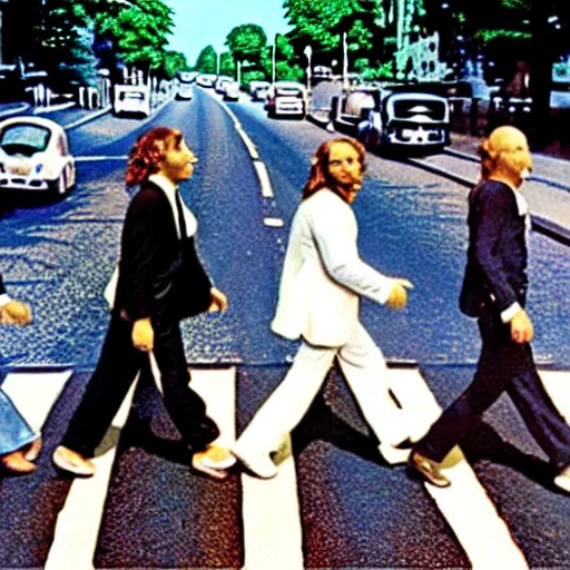 Image similar to the three stooges crossing abbey road,