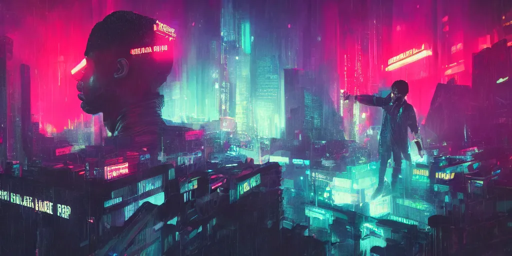 Prompt: blade runner rap concert, digital art, vapor wave, hip hop, trending on Artstation, professional artist, detailed, 4k