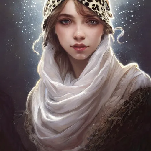 Prompt: portrait of a girl wearing white scarf, silver long curly hair, watery eyes, leopard ears, fantasy, intricate, elegant, highly detailed, digital painting, artstation, concept art, smooth, sharp focus, illustration, art by artgerm and greg rutkowski and alphonse mucha