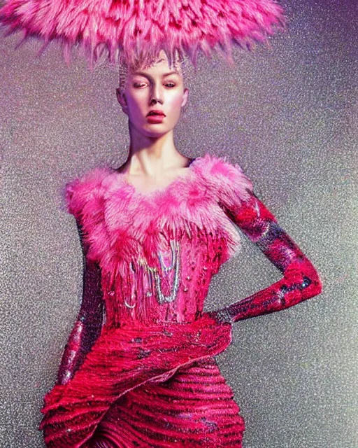 Prompt: a beautiful hyperrealistic ultradetailed, one model a magnificent McQueen couture bright clothes, photo studio, studio photography, studio light, photo for magazine, Designer clothes, futuristic clothes, voge photo, fashion style, enhanced sharpness, glamorous shine