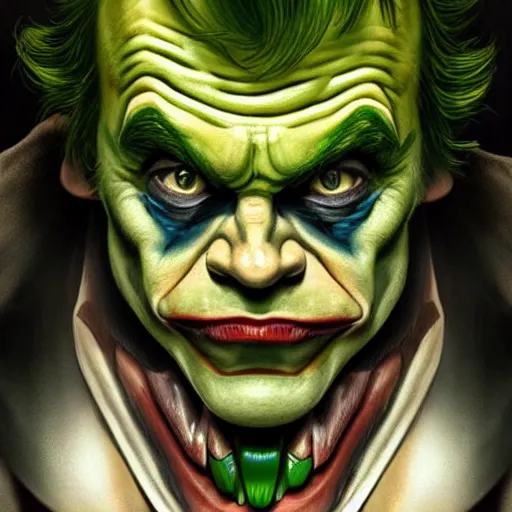 Image similar to portrait of mark hamill as the joker as a hulking herculean demon orc bugbear clown, godlike, upper body, fantasy, intricate, elegant, highly detailed, digital painting, artstation, concept art, sharp focus, illustration, art by artgerm and greg rutkowski and alphonse mucha