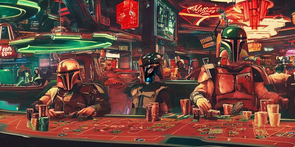 Prompt: film still of boba fett gambling in vegas drinking cocktail, intricate album cover art for midnight neon lfo pop by akihiko yoshida