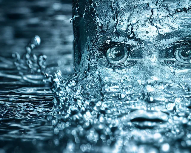 Image similar to water art manipulation of a realistic human head with open eyes burried in the ground, surreal, hyper realistic, ray tracing, realistic water, sharp focus, 8 k resolution, cinematic