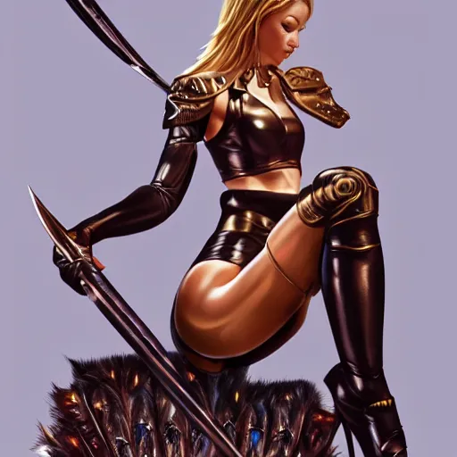 Prompt: a nice looking girl with beautiful forms and skin-tight leather leggins sat on a fantasy throne with a sword, legs spread, in style by hajime sorayama and boris vallejo, trending on artstation, 4K