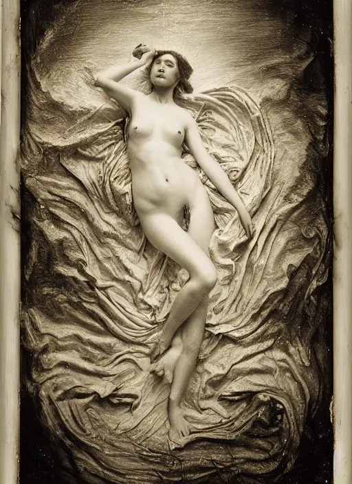 Image similar to old wetplate daguerreotype birth of venus, fractal, intricate, elegant, highly detailed, parallax, leica, medium format, subsurface scattering, by jheronimus bosch and greg rutkowski and louis jacques mande daguerre