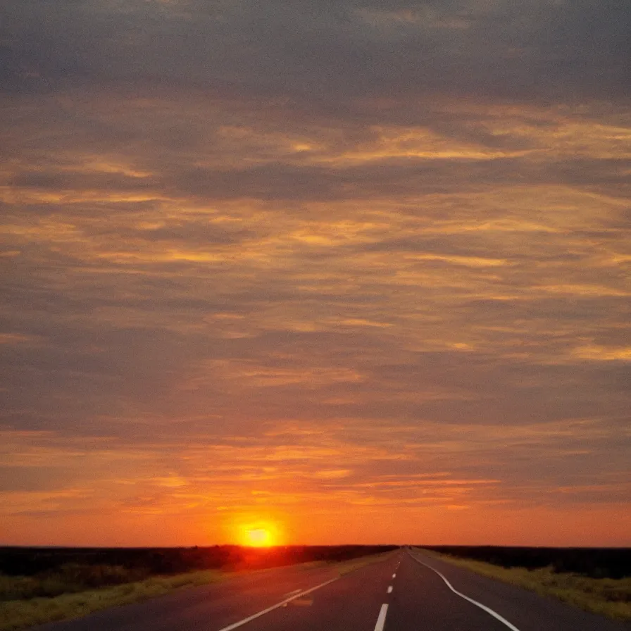 Prompt: a highway road leading to the horizon, the sunset is an anatomical heart