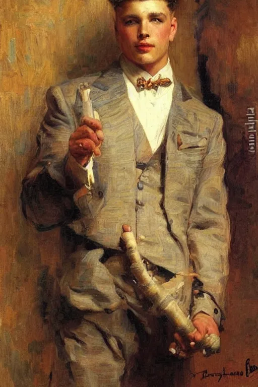 Prompt: attractive male, painting by gaston bussiere, j. c. leyendecker