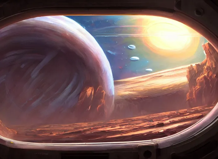 Image similar to view of an alien planet from the window of a space station, cinematic shot, oil painting by eren arik, extremely detailed, brush hard, artstation, for aaa game, high quality, brush stroke