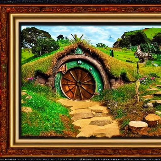 Image similar to hobbiton landscape with huge jewels all around, fantasy, rock, high detail