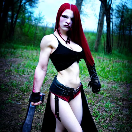 Prompt: photo of a real-life beautiful female vampire warrior, wide angle shot