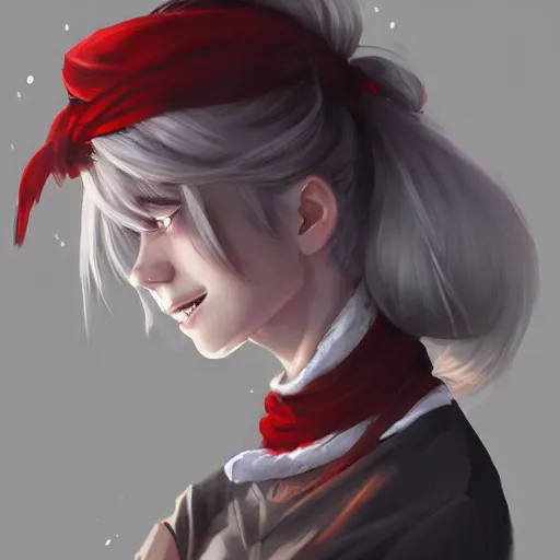 Prompt: portrait of a girl sorcerer with white hair in a messy white hairbun. She is wearing a short black tshirt, jeans pants, a red scarf. digital art, character design. in the style of wlop, rossdraws, artstation trending