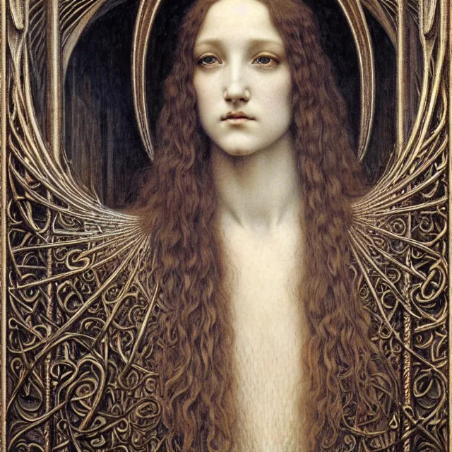 Image similar to detailed realistic beautiful young medieval queen face portrait by jean delville, gustave dore and marco mazzoni, art nouveau, symbolist, visionary, gothic, pre - raphaelite. horizontal symmetry