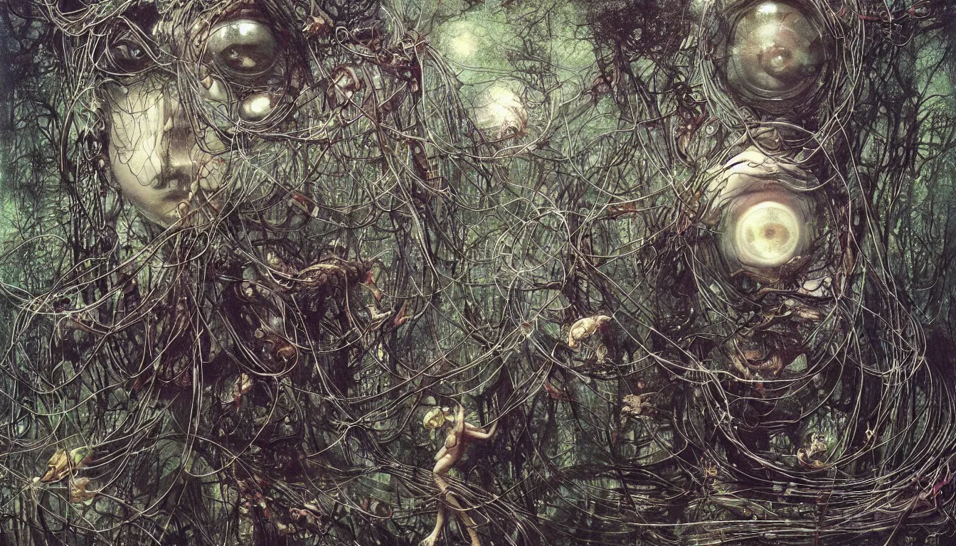 Prompt: realistic detailed photo rendered in octane 3 d, a big eye wrapped in wires floats above the ground in a dense forest by francis bacon, by h. r. giger, by ayami kojima, amano, karol bak, greg hildebrandt, and mark brooks, beksinski painting, art by takato yamamoto