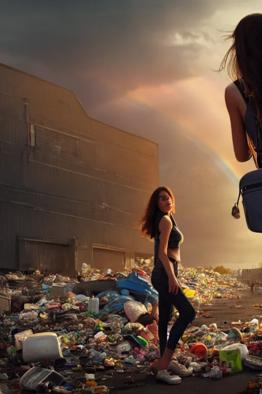 Image similar to wide photo of young woman in mini short with backpack looking at food at garbage dump, destroyed cars, city is pure wasteland, moody sunset background, rays of sunlights, ( ( ( rainbow ) ) ), high details, sharp, photorealism, greg rutkowski, artgerm, unreal engine, highly detailed