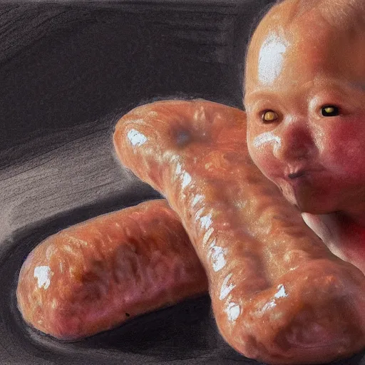 Image similar to old child draws a sausage, anatomically correct, oil painting, hyper realistic, 8 k highly detailed