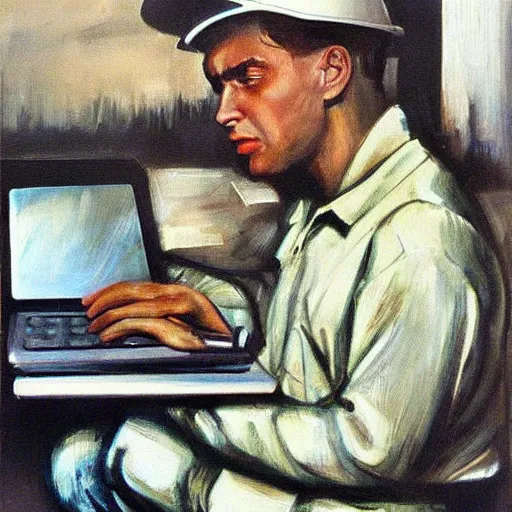 Prompt: 1 9 6 0's detailed intricate social realism painting of worker with laptop, heroic