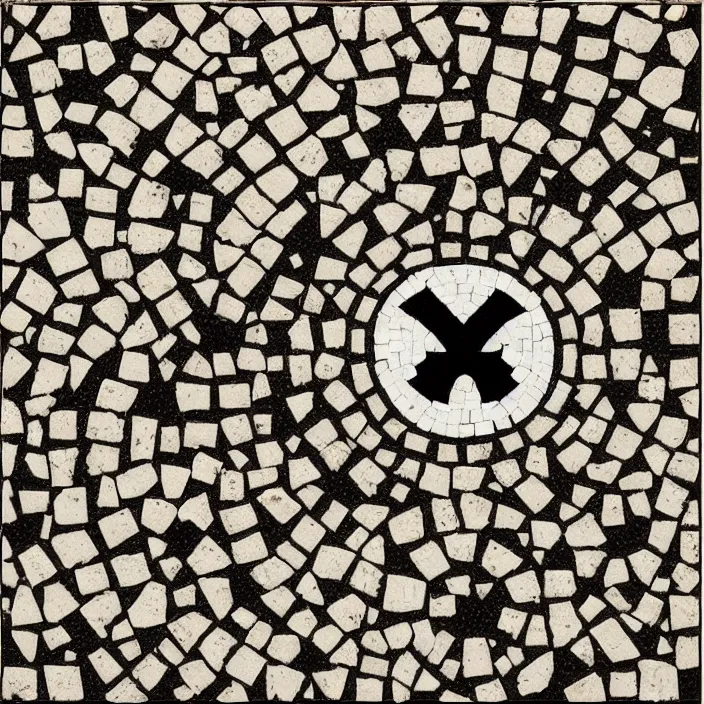 Image similar to isometric punisher symbol in the form of a detailed intricate tile floor mosaic in the form of punisher symbol in spotlight